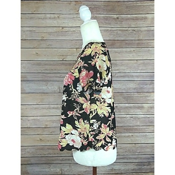 Topshop top black multicolor floral scalloped hem and sleeves women's size 2 - Picture 4 of 8